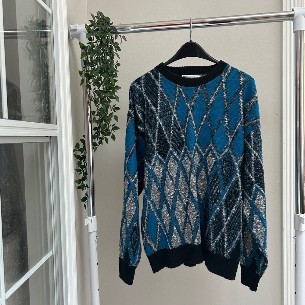 Gently Used Pinnacle Collection Mens Vintage Geometric Diamond Sweater Blue XL